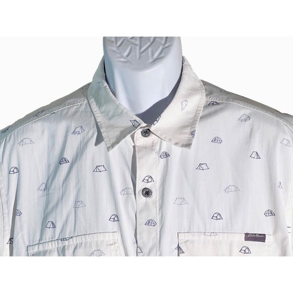 EDDIE BAUER Men's Short Sleeve Metal Button Down Tent Shirt White Large Slim - Picture 2 of 7